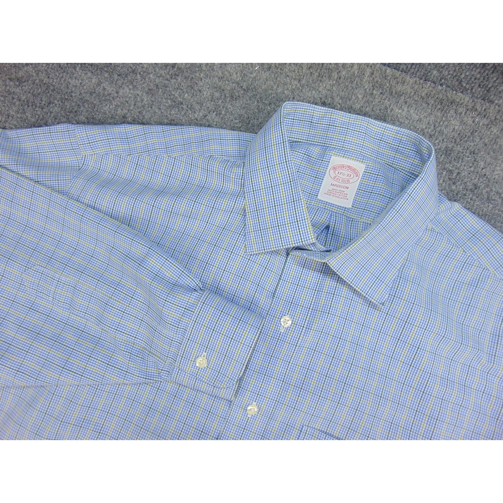 Brooks Brothers Shirt Mens 17.5/33 Madison Blue Window Pane Plaid No Iron Preppy